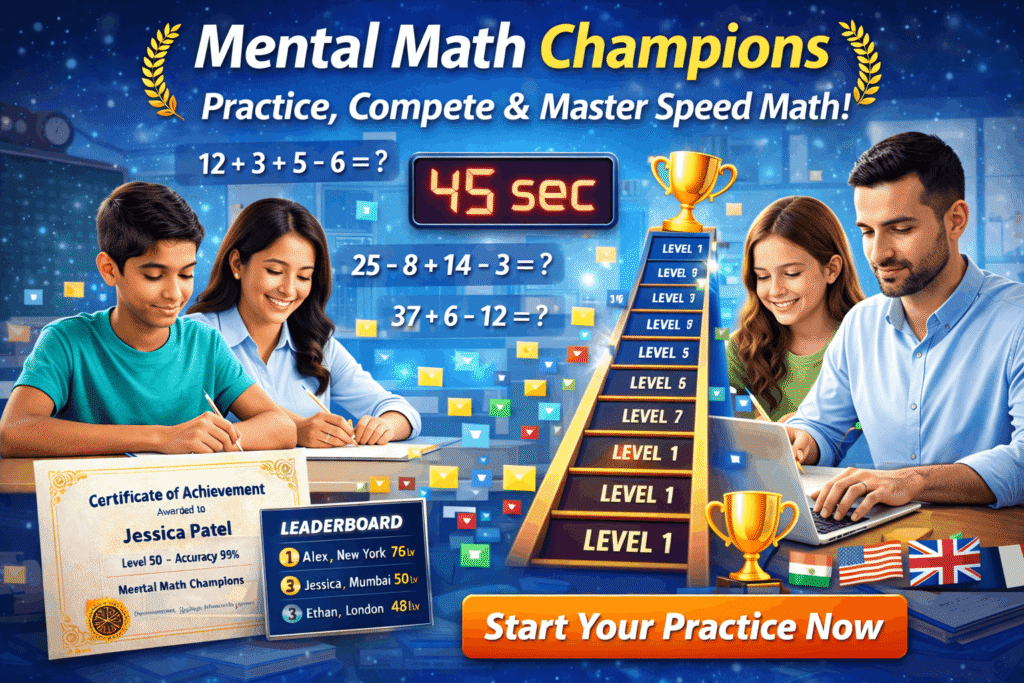 Mental Math and Brain Development in Children.Mental Math for Kids: A Complete Beginner’s Guide.10 Vedic math tricks every student should know,Students and adults practicing mental math in classroom with timer, equations, leaderboard, and certificates – Mental Math Champions poster.How to Develop Strong Number Sense in Children